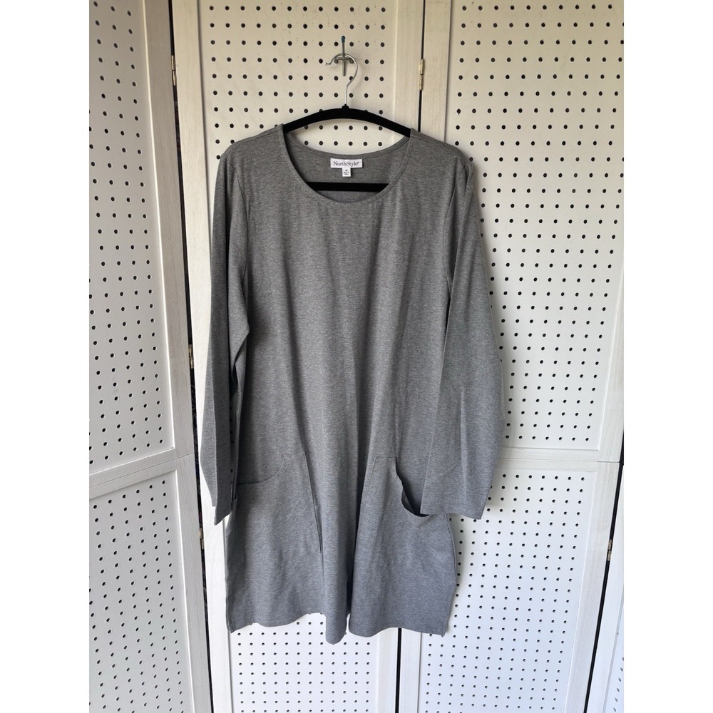 North Style Women's 1X Gray Long SLV Cotton Spandex Pocket Tunic Dress